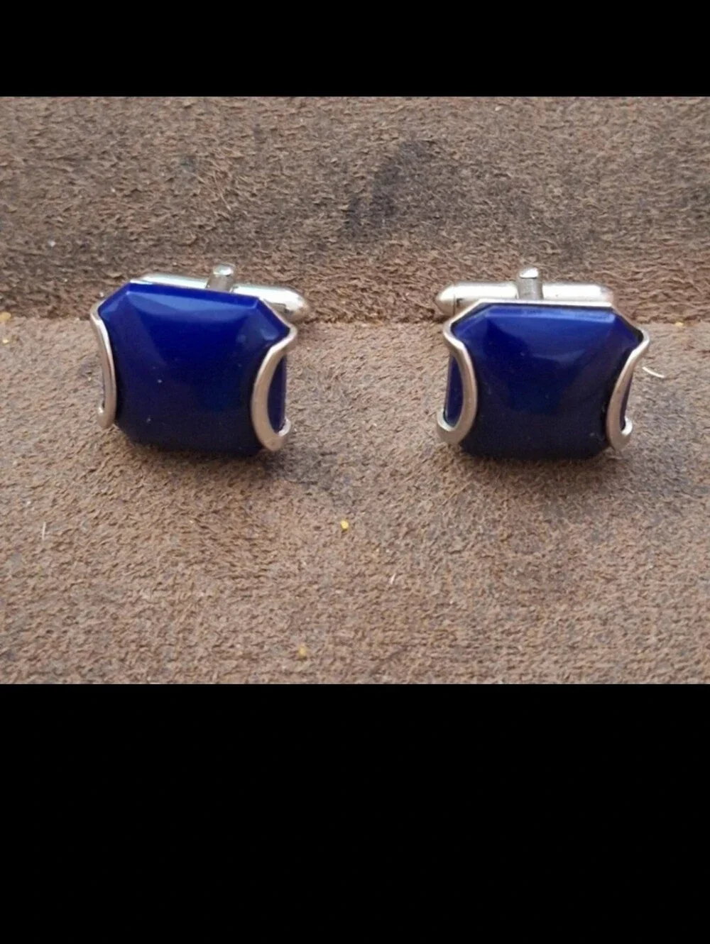 Exquisite Rare HTF Vintage Mid Century Silver Frame Swank Blue Glass Cufflinks